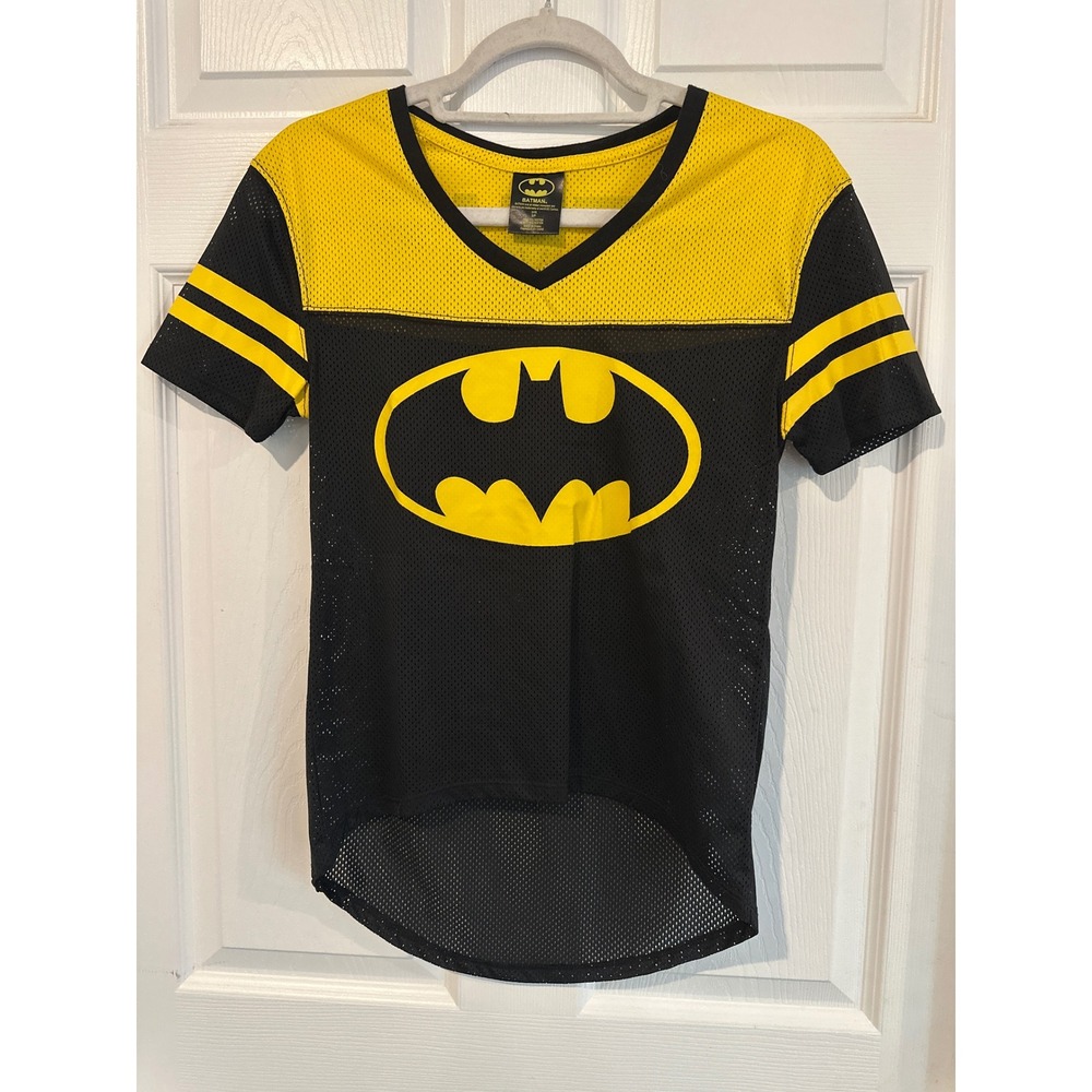 Batman DC Comics Mesh Jersey Shirt Women Small Yellow Black Graphic V-Neck Tee